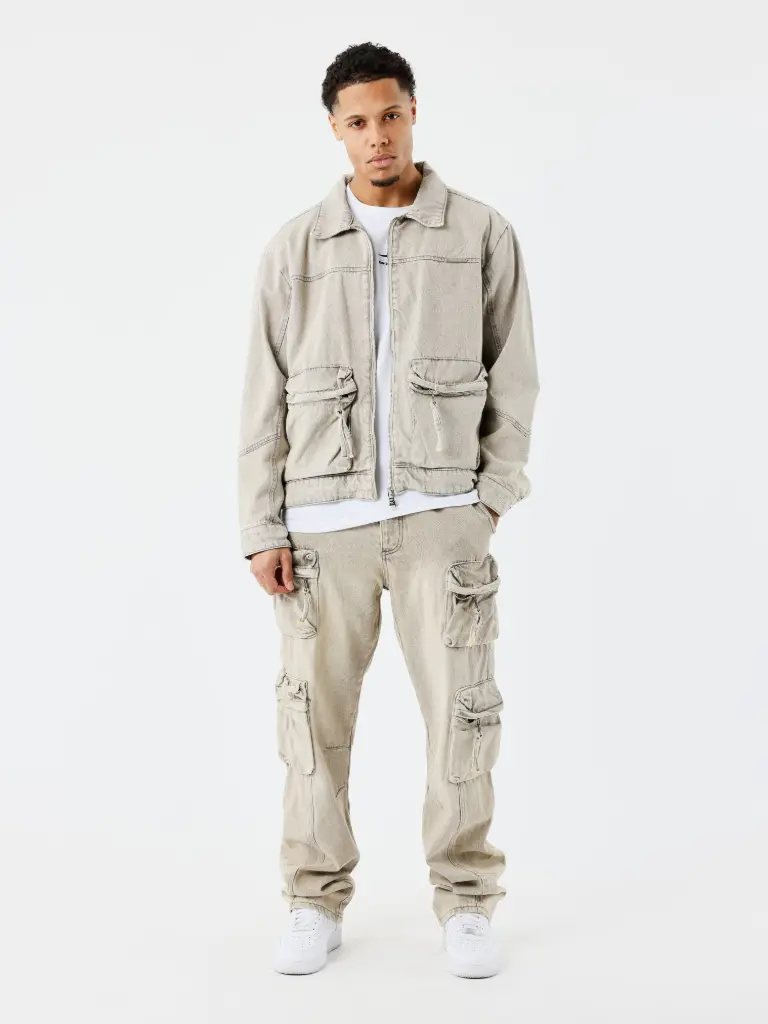 Cargo denim brute workwear multi-poches beige