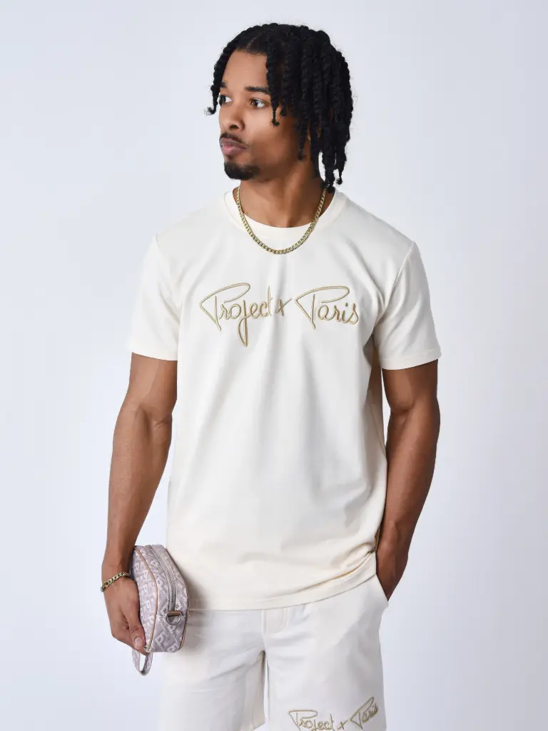 T-shirt basic broderie Signature Craie - CC