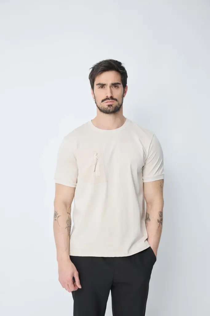T-Shirt Uni avec Zip Beige